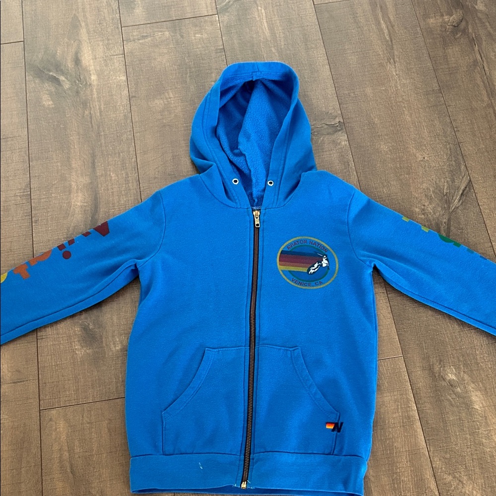Aviator Nation Blue Hoodie with Rainbow Accents